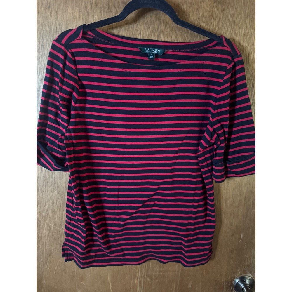 Lauren Ralph Lauren Top XL Red Navy Blue Striped Boat Neck Elbow Sleeve Cuffed